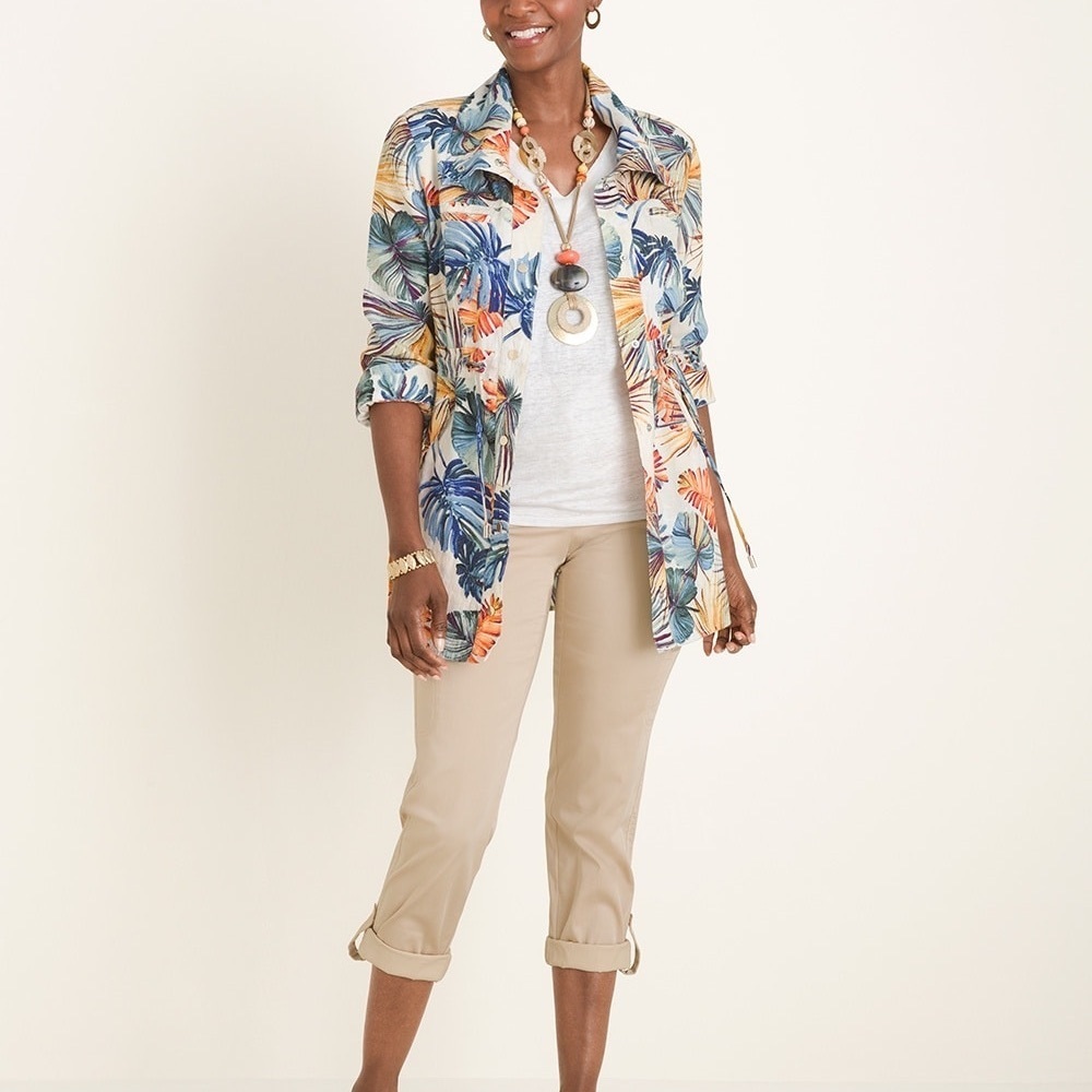 Chicos Linen Palm Print Utility Jacket 3P 16 18 Tropical Lightweight